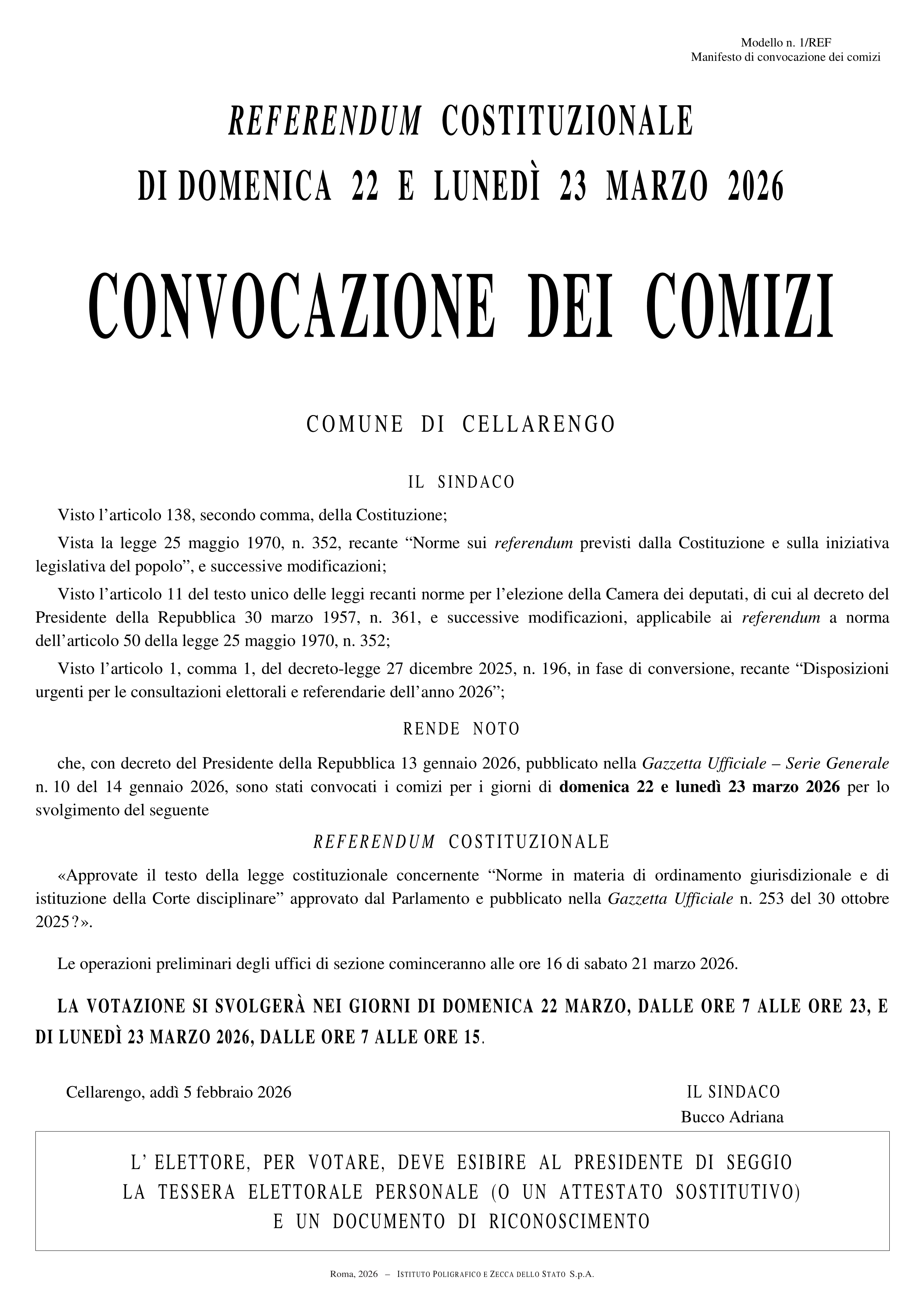 Referendum costituzionale 22 e 23 marzo 2026