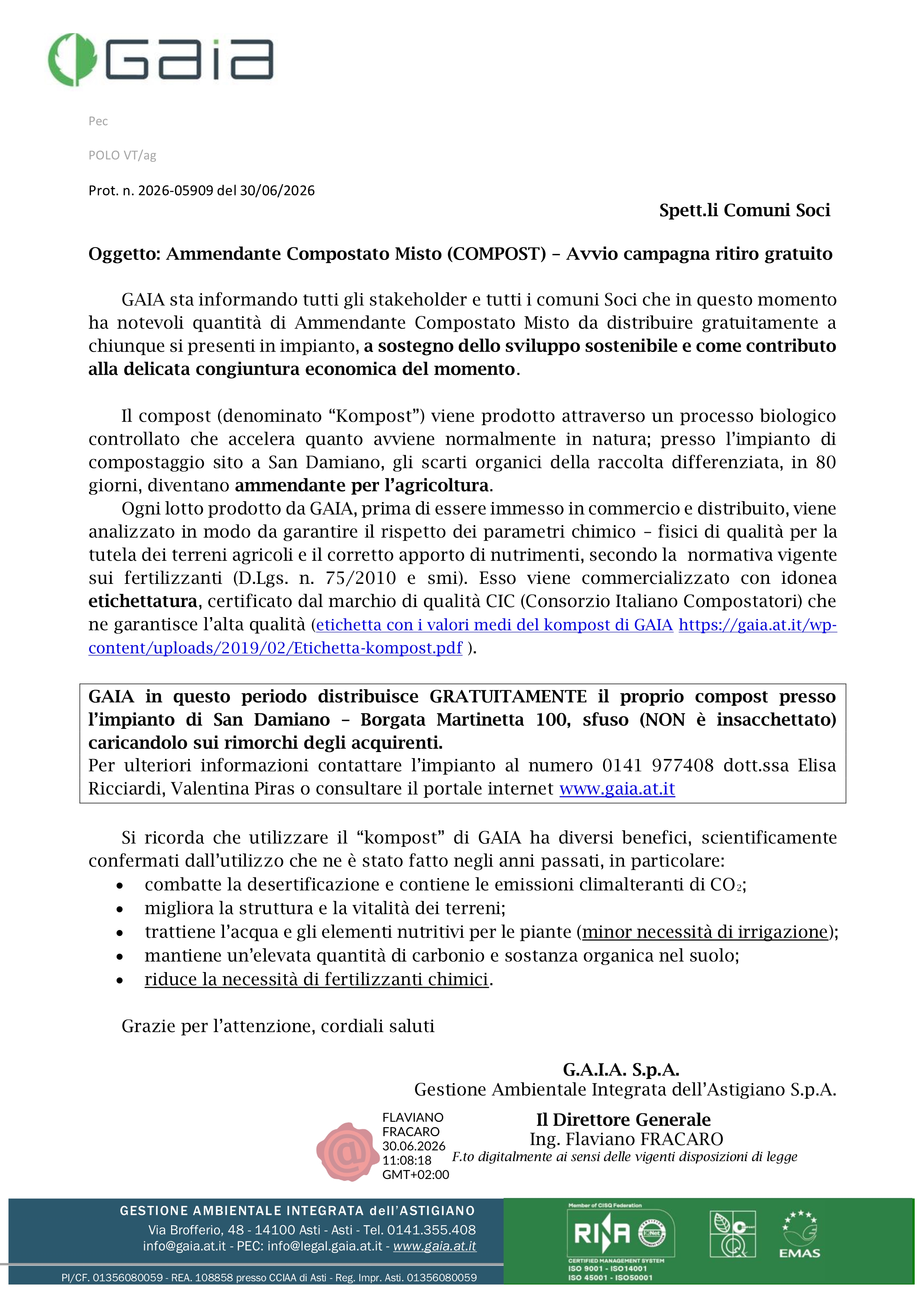 Ammendante Compostato Misto (COMPOST) – Avvio campagna ritiro gratuito